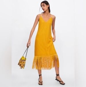 Zara Marigold Yellow Mustard Fringe Hemmed Slip Dress Flapper Party Dancing Date